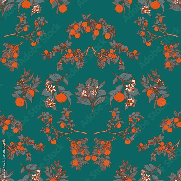 Fototapeta Summer lush fruit garden pattern. Botanical succulent foliage wallpaper. Folk orchard print. Crocket oriental provence illustration. Boho oranges on emerald green backdrop