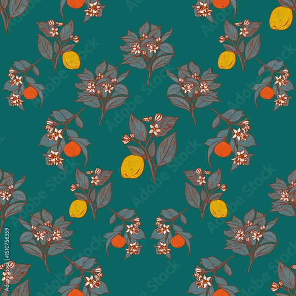 Fototapeta Summer lush fruit garden pattern. Botanical succulent foliage wallpaper. Folk orchard print. Crocket oriental provence illustration. Boho lemons and oranges on emerald green backdrop