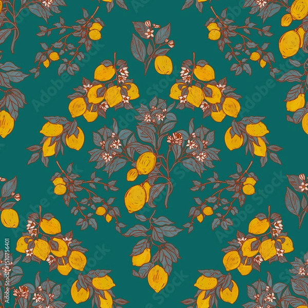 Fototapeta Summer lush fruit garden pattern. Botanical succulent foliage wallpaper. Folk orchard print. Crocket oriental provence illustration. Boho lemons on emerald green backdrop