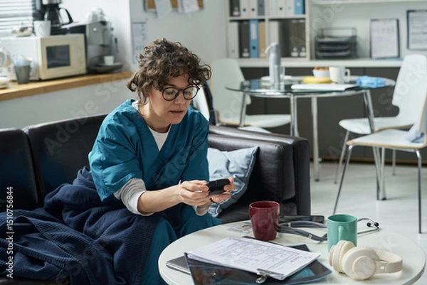 Fototapeta Portrait of medical professional sitting on couch in office, looking at phone and surrounded by documents, headphones, and coffee mugs, possibly after a long shift
