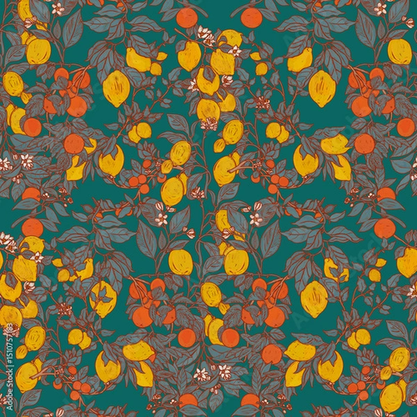 Fototapeta Summer lush fruit garden pattern. Botanical succulent foliage wallpaper. Folk orchard print. Crocket oriental provence illustration. Boho lemons and oranges on emerald green backdrop