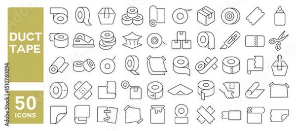 Fototapeta Set of 50 line icons related to duct tape, adhesive, sticker, glue, rolled up, sticky, tape, Editable stroke. Vector illustration