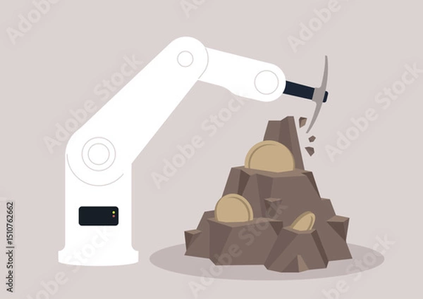 Obraz Robotic arm skillfully chips away at a mound of virtual gold coins, demonstrating cutting-edge technology in cryptocurrency mining with precise movements