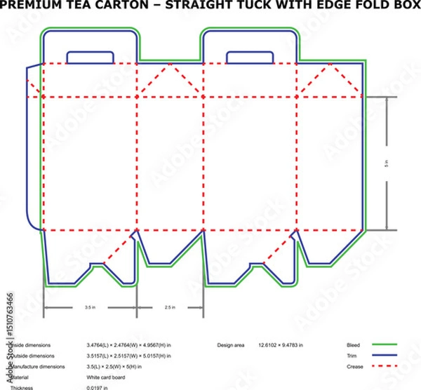 Fototapeta Tea carton template straight tuck with edge fold box design layout technical drawing
