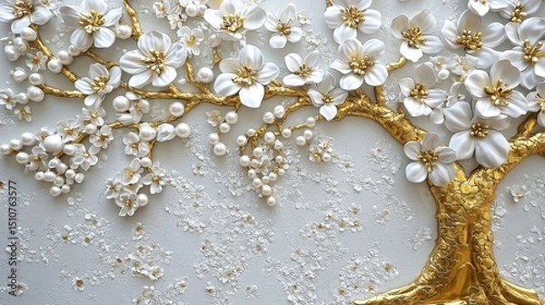 Fototapeta Stunning 3D Wallpaper with a Golden Floral Pattern