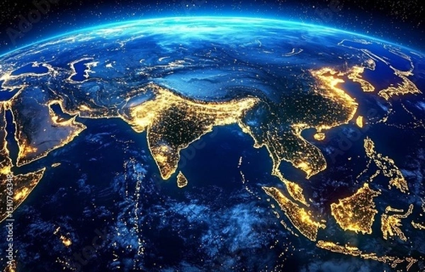 Fototapeta A captivating world map highlights city lights across Asia.