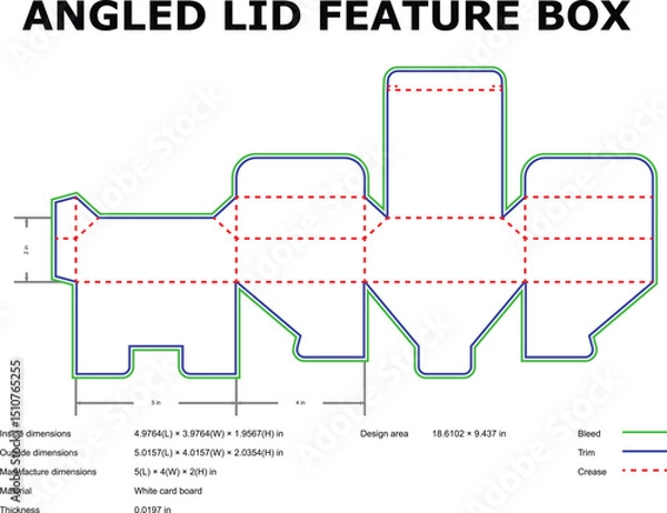 Fototapeta Angled lid feature box template detailed diagram with dimensions and technical design information