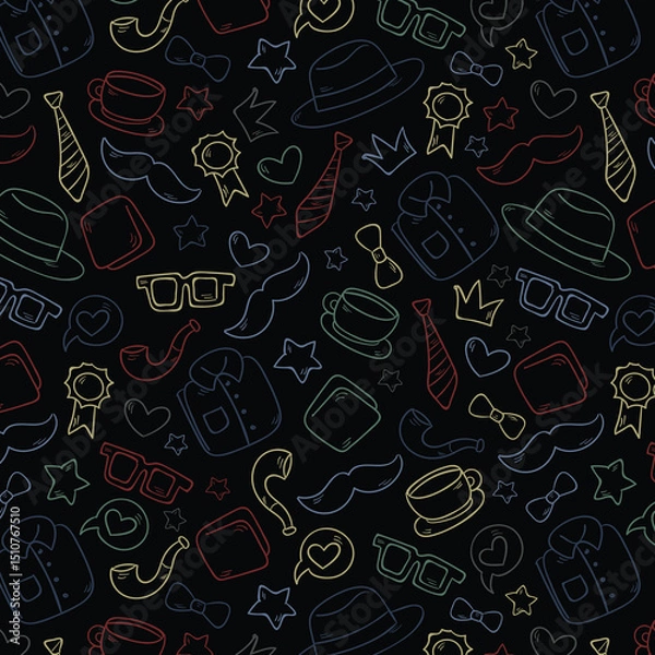 Fototapeta Seamless pattern with tie, hat, mustache and glasses. Modern background for Father's Day.