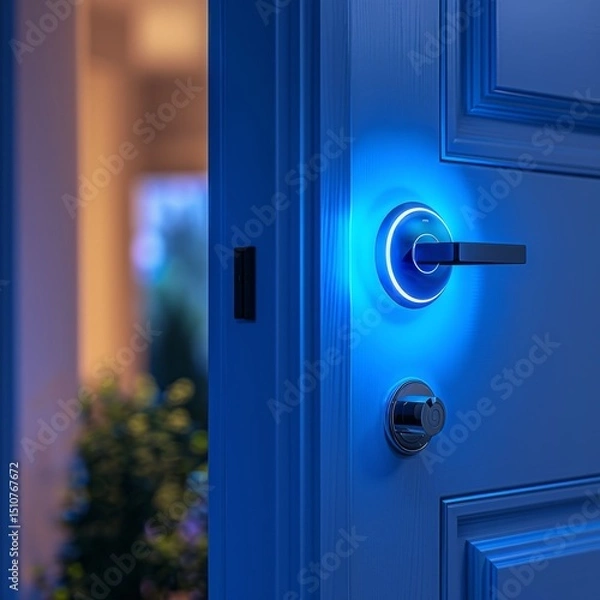 Fototapeta close-up of AI-powered smart lock, sleek door, realistic style, soft ambient lighting, vibrant blue and white tones, rule of thirds with lock on right