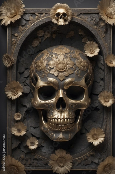 Obraz gold and bronze mexican calavera skull with floral ornaments on the surface on display inside an urn