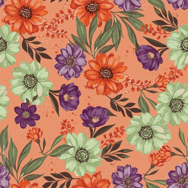 Fototapeta Floral brush strokes seamless pattern design for fashion textiles, graphics, backgrounds and crafts