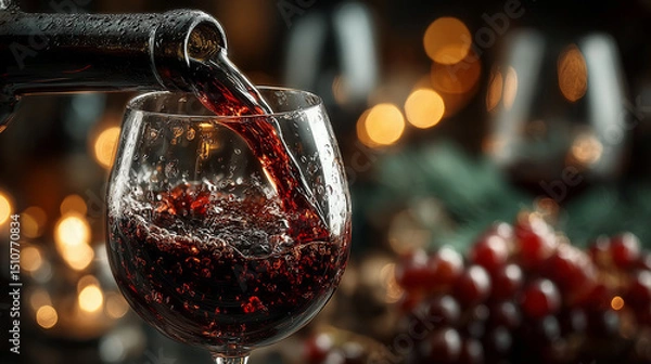 Fototapeta Red wine pouring into a crystal glass, elegant and refined moment of indulgence.