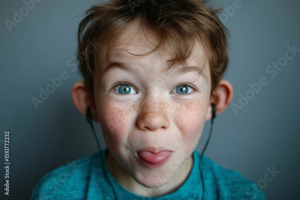 Obraz Portrait of a freckled boy with blue eyes playfully sticking out his tongue while listening to music with headphones. A cheerful and joyful expression on his face.