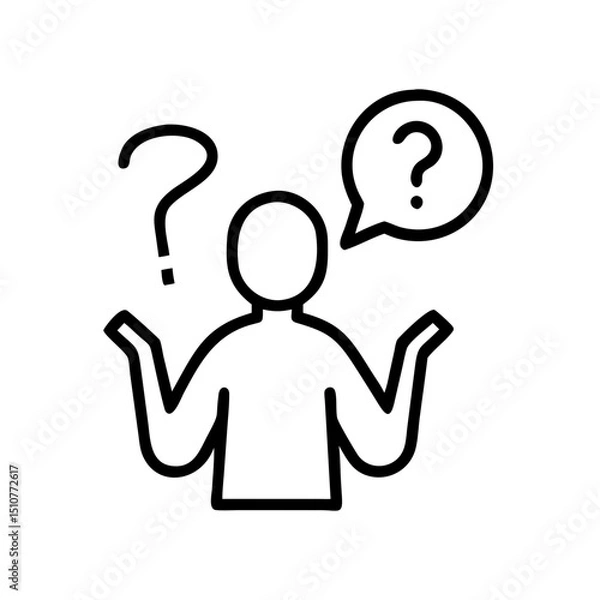 Fototapeta Confused person raising hands with question marks in a speech bubble  