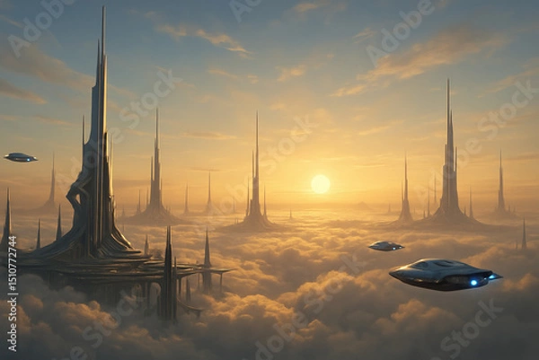 Fototapeta Futuristic cityscape with towering spires above the clouds, illuminated by a golden sunset, featuring flying vehicles in a serene and otherworldly atmosphere.