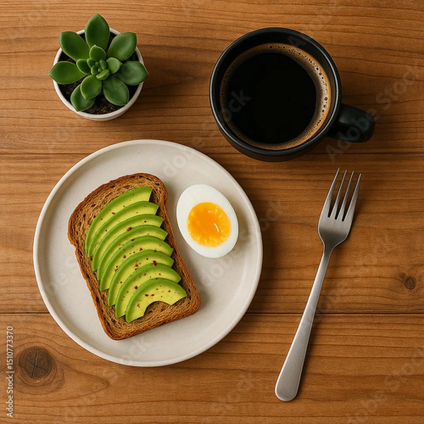 Fototapeta Flatlay of a healthy breakfast with avocado toast, soft-boiled egg, black coffee, wooden background