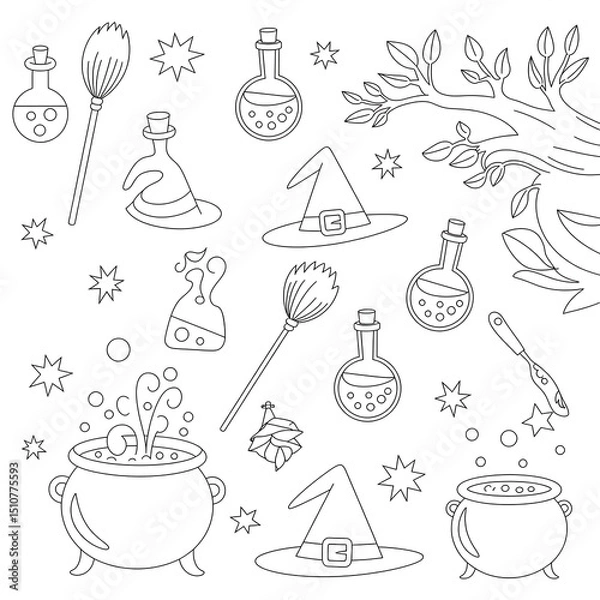 Obraz Hand drawn vector illustration of halloween witch elements perfect for coloring pages and invitations