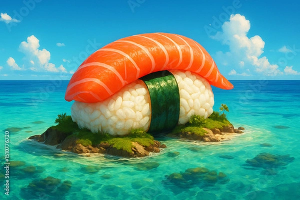 Fototapeta Giant sushi island surrounded by crystal-clear turquoise waters, blending culinary art with surreal fantasy in a tropical paradise setting.