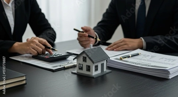 Fototapeta Real estate agents reviewing documents with house model