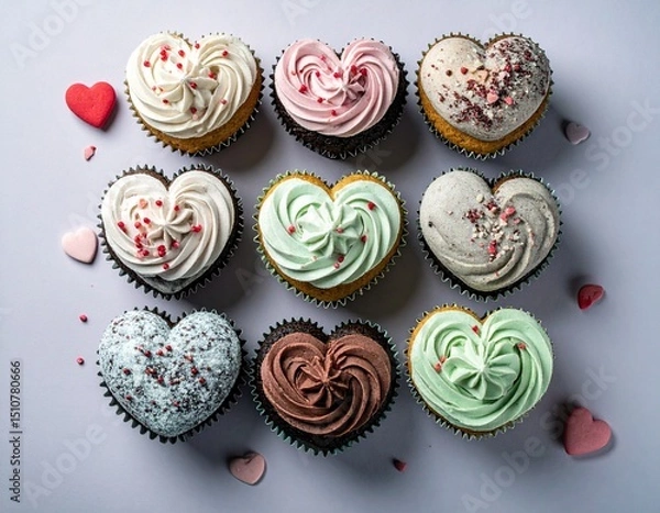 Fototapeta Custom AI Model - A tope down view of a selection of delicious cupcakes decorated with heart shapes