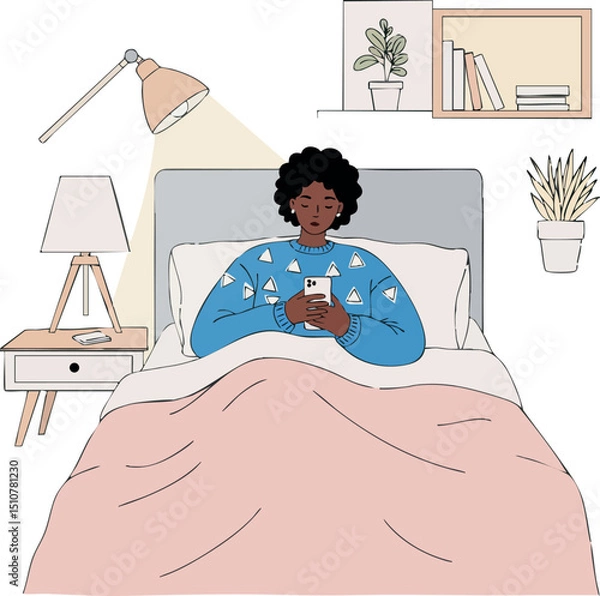 Fototapeta Woman using smartphone in bed with pink blanket and warm lighting vector illustration 