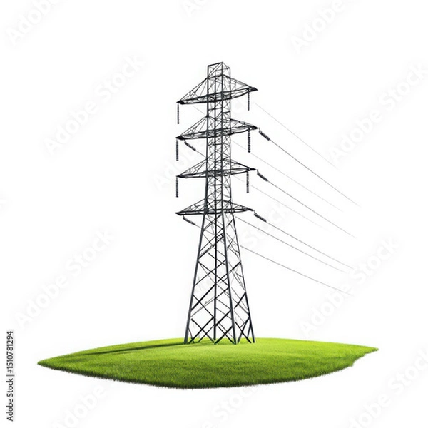 Fototapeta Power line tower on a green grass island on transparent background