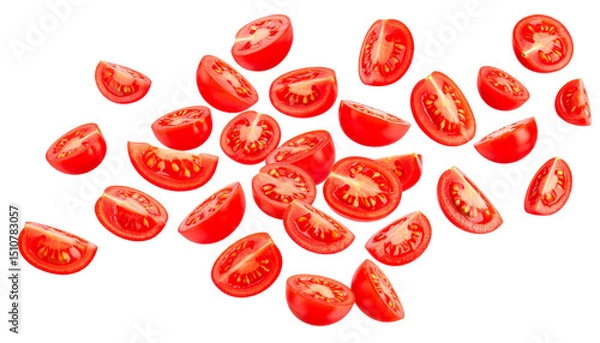 Obraz Vibrant cherry tomato halves descending, creating dynamic culinary imagery with fresh, clean composition on transparent backdrop