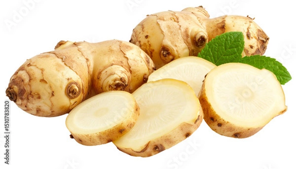 Fototapeta Jerusalem artichoke tubers, whole and halved, featuring mint garnish, displayed on transparent surface, highlighting nutritional value and culinary versatility