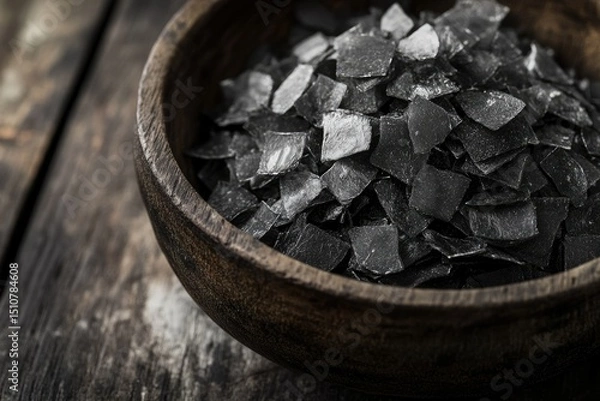 Fototapeta Black lava salt flakes in a rustic wooden bowl, a dark and textured image.