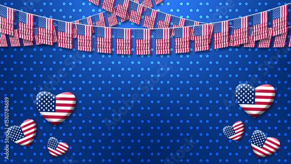 Fototapeta usa national holiday and events celebration decoration background with usa flag and heart shape on blue star background with gradient colours shade.