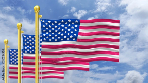 Fototapeta three American flag waving against a cloudy blue sky on a golden pole in bright day. concept for celebrating independence day and national events