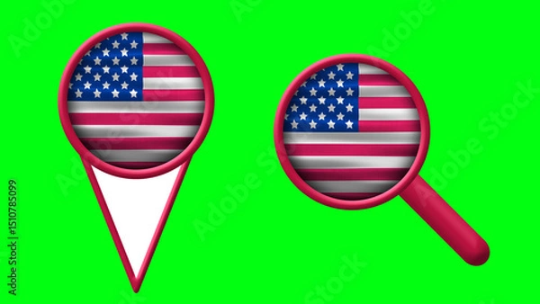 Fototapeta location and search icon in usa flag texture on green screen. map pointing and search usa icon illustration.