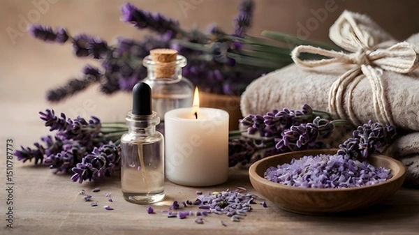 Fototapeta Lavender Spa Treatment in a Calm Environment with Purple Flowers and Essential Oils