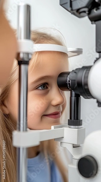 Obraz A Young Girl's Vision Exam: Eye Health Checkup with Advanced Optical Equipment for Pediatric Healthcare and Precise Diagnostic Screening