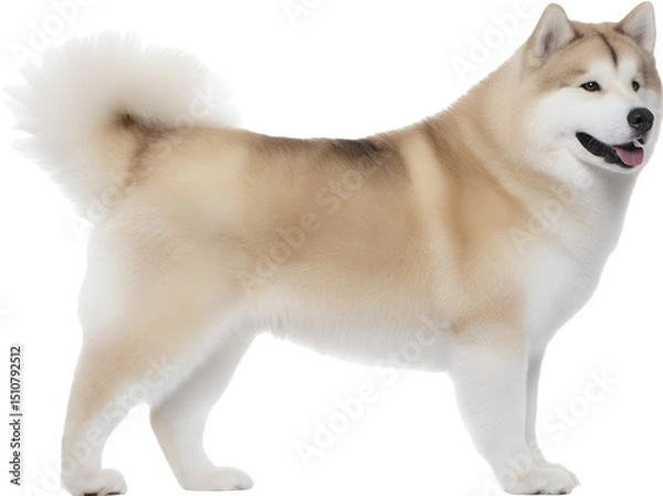 Fototapeta Side view of a full-body Siberian Husky dog standing attentively on a white background, showcasing its thick fur, distinctive markings, and alert posture
