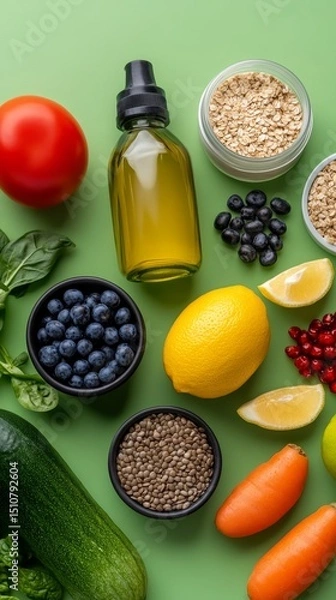Obraz Vibrant Still Life: Fresh Ingredients for Healthy Eating - Tomatoes, Oil, Oats, Lemon, Zucchini, Carrots, Seeds, Basil, and Berries