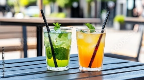 Obraz Refreshing Cocktails: Mojito & Tropical Mix with Ice, Mint, and Straws on a Wooden Table for a Perfect Summer Day