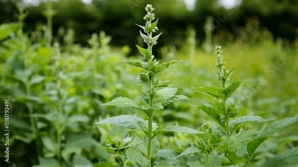Obraz Verdant Tapestry: A Lush Meadow of Wild Green Plants Flourishing in Nature's Embrace, a Botanical Symphony of Life and Growth