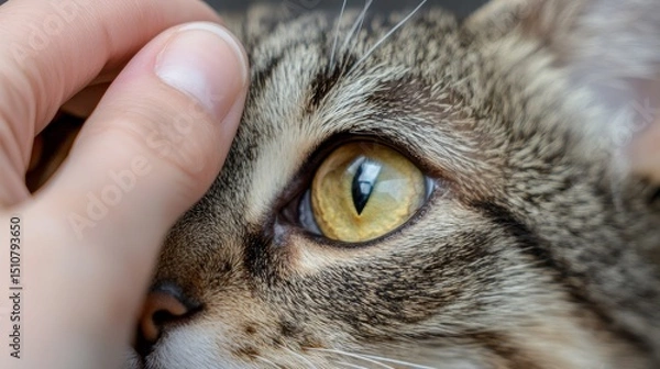 Obraz Captivating Gaze: A Close-Up of a Tabby Cat's Golden Eye, Gently Touched by a Loving Hand, Revealing the Beauty of Feline Affection
