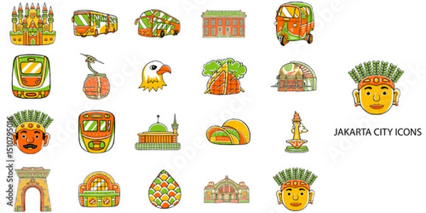 Obraz Jakarta city simple concept 24 hand drawn color icons set .Vector illustration.