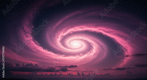 Fototapeta A swirling galaxy of pink and purple clouds with a bright center under a starry night sky view image