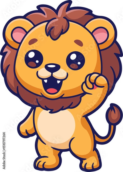 Obraz A cheerful cartoon lion cub waving hello with a big smile