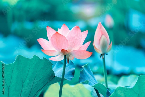 Obraz lotus flower blooming in summer pond with green leaves as background