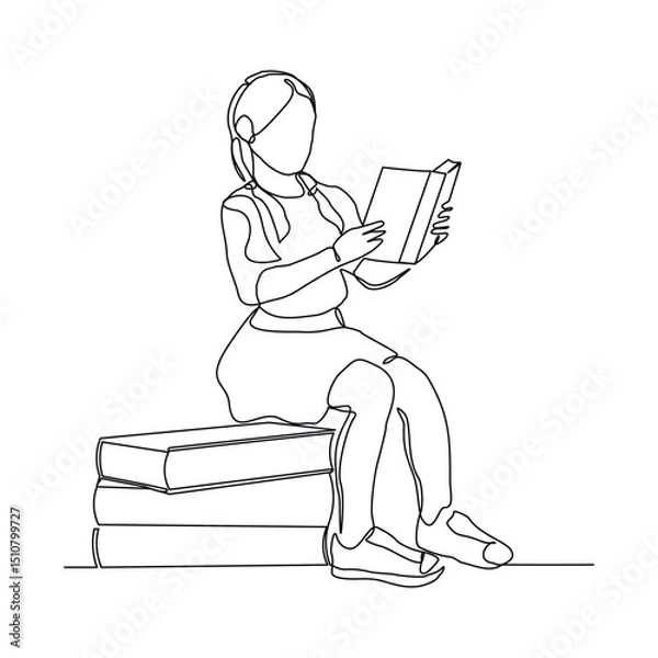 Obraz Continuous line drawing child girl sitting and read a book. Single line concept of education. Vector illustration sketch editable stroke
