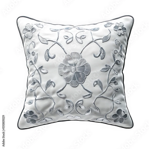 Fototapeta White pillow with silver floral embroidery isolated on transparent background