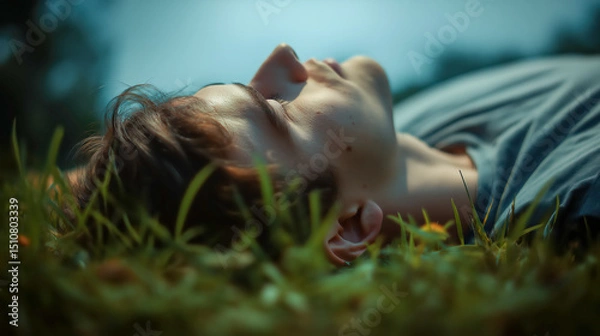 Obraz Young man peacefully lying on grass looking at sky, reflecting serenity, relaxation, introspection and emotional rest in nature during summertime