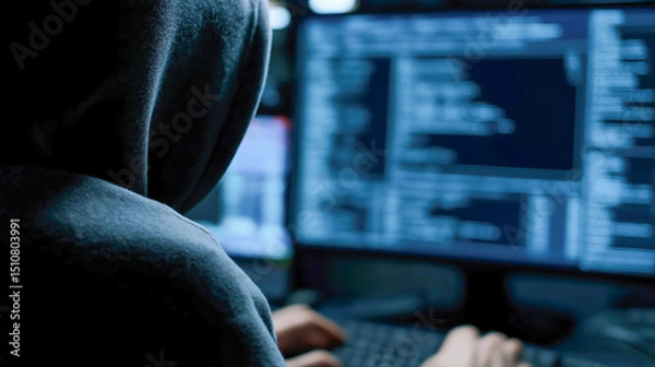 Obraz Hacker in hoodie using computer in dark room with multiple screens, symbolizing cybersecurity threat, data breach, hacking, identity theft and online crime