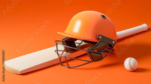 Obraz Cricket bat, helmet and ball placed neatly on bright orange background, ideal for sports promotions, cricket gear advertising and tournament visuals
