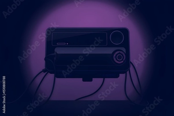 Fototapeta Vintage cassette recorder with tangled cables, set against a dark background illuminated by a purple glow, conveying a nostalgic and mysterious tone