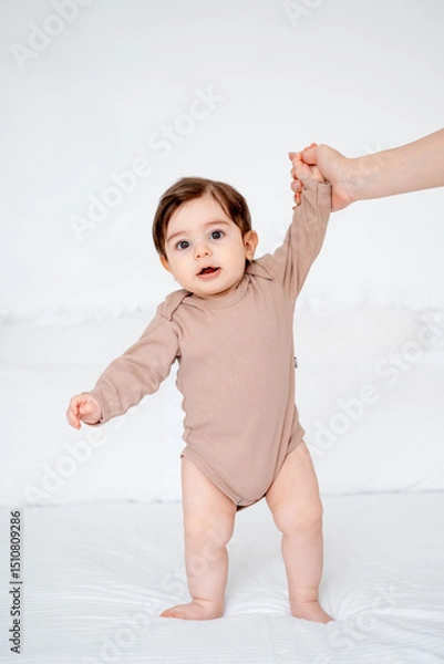 Fototapeta the baby learns to walk by taking the first steps, the mother holds the hand of a small child teaching him to walk